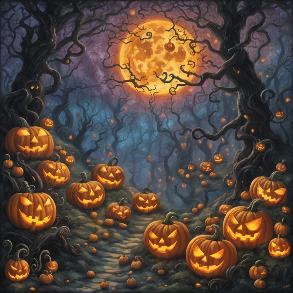 Halloween Jack-o'-lantern Forest Midnight Moonlit Scene