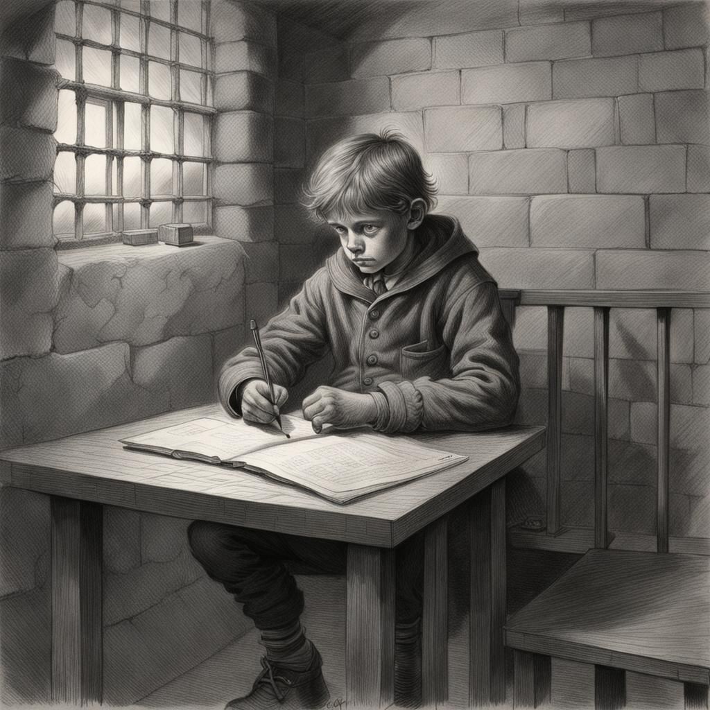 Boy's Charcoal Drawing in Prison Cell