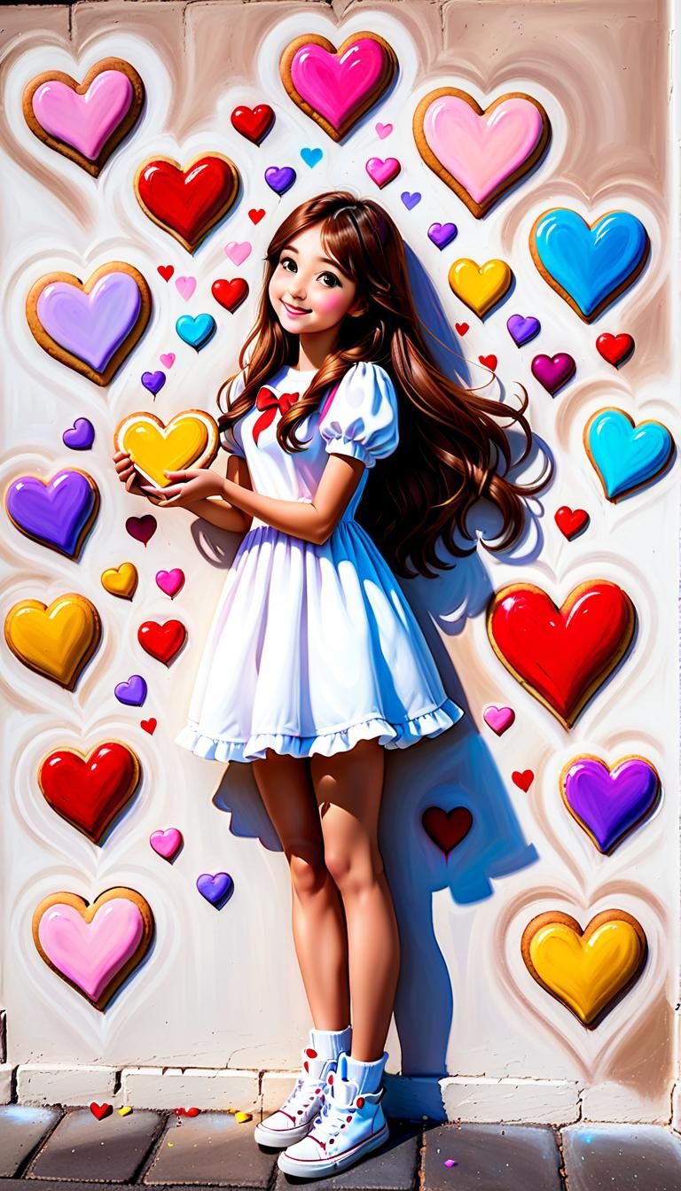 Charming Korean Girl Chalk Art with Cookies and Hearts
