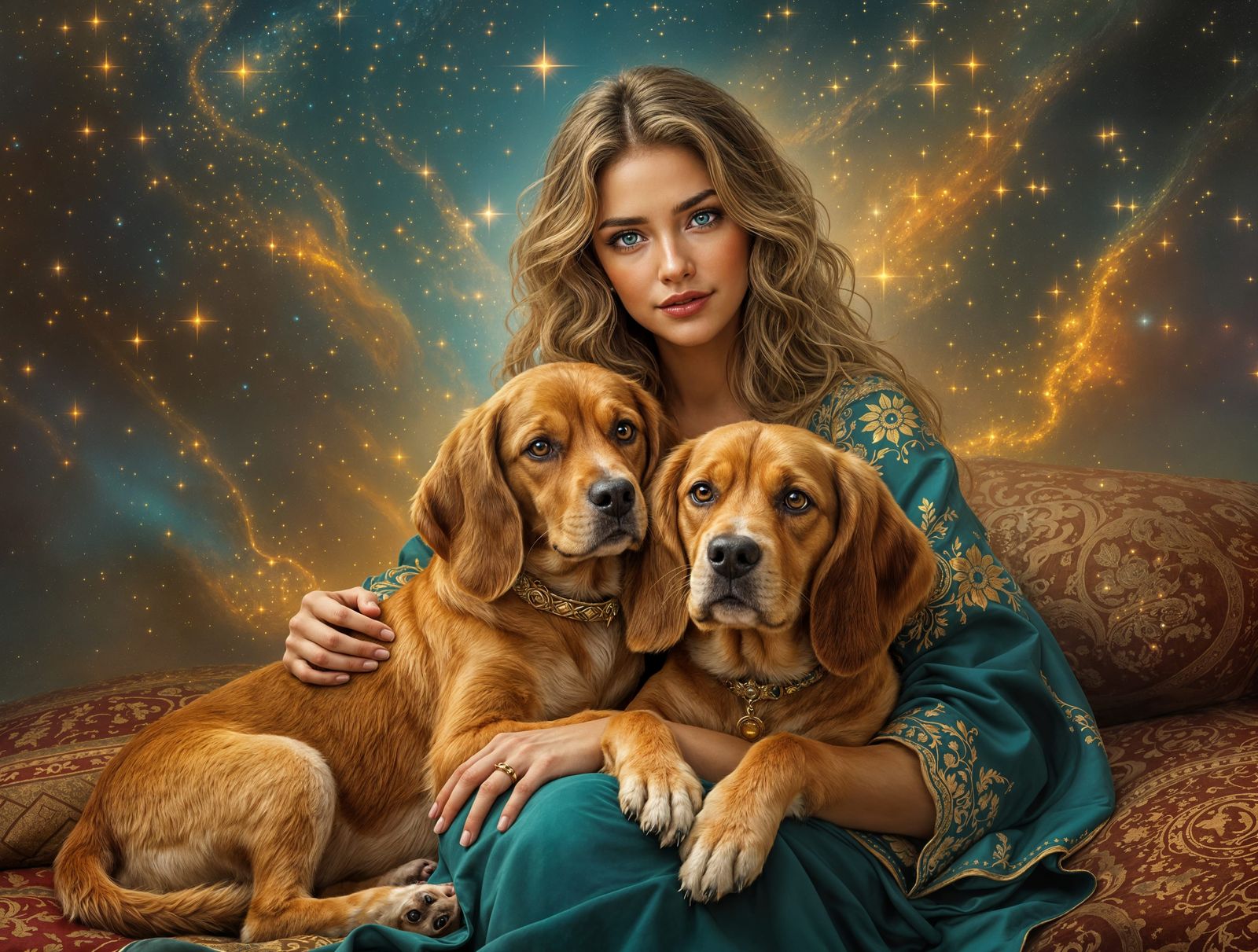 Warm Fantasy Painting of Woman and Dogs in Cosmic Setting