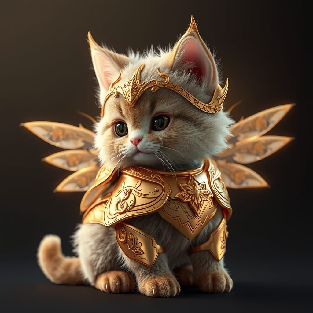 Winged Cat in Gold Armor, Digital Art