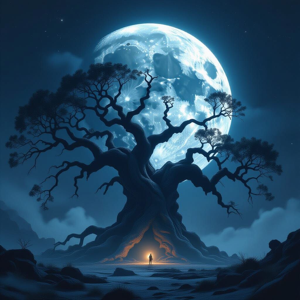 Ancient Tree on Dark Side of Moon in Digital Painting