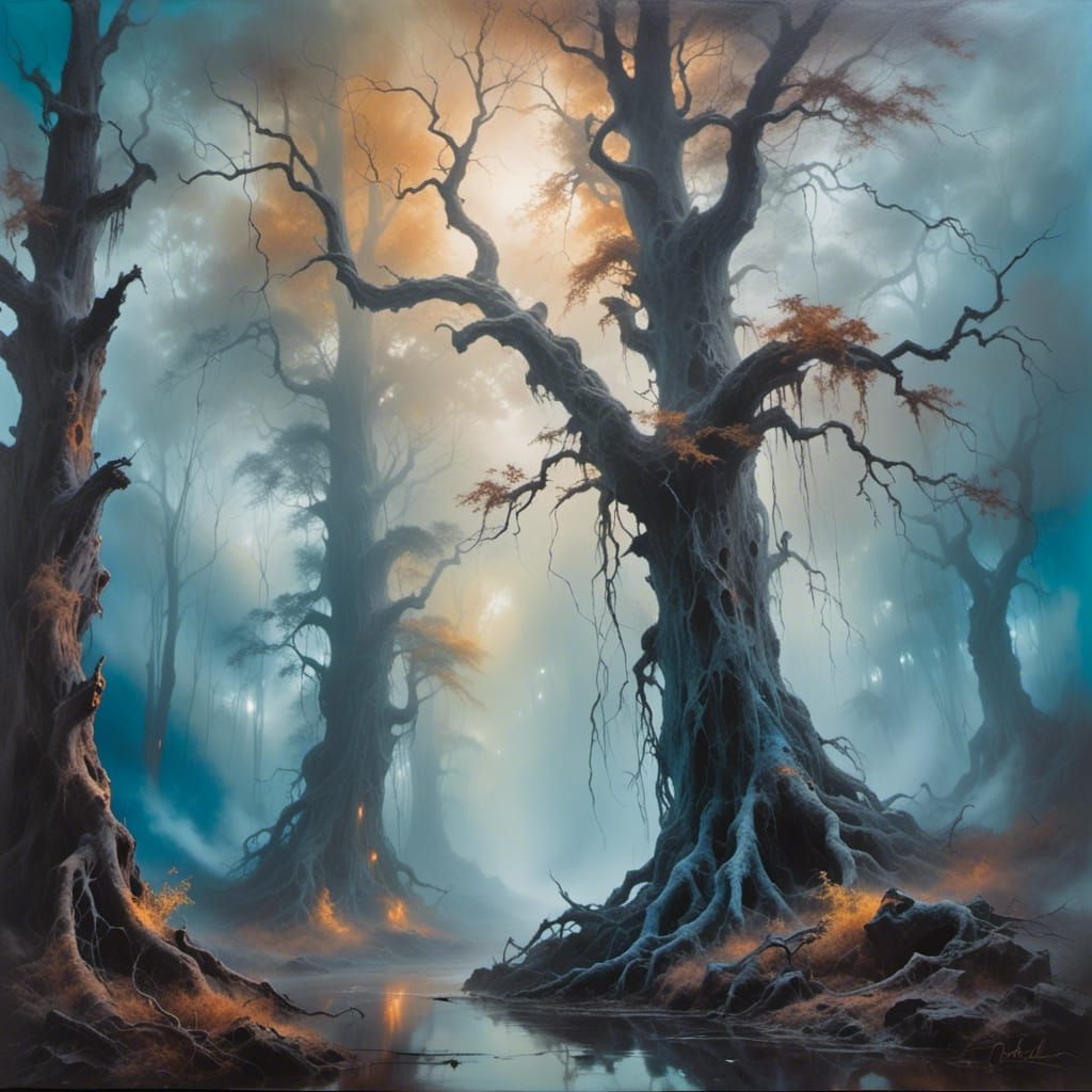 Mystical Cityscape Fading into Ancient Forest: Oil Painting