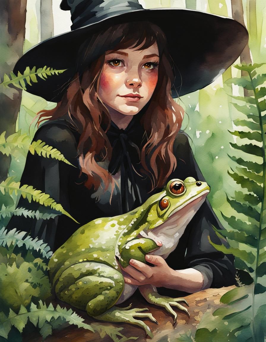 Cute Witch Portrait with Toad Familiar, Watercolor Style