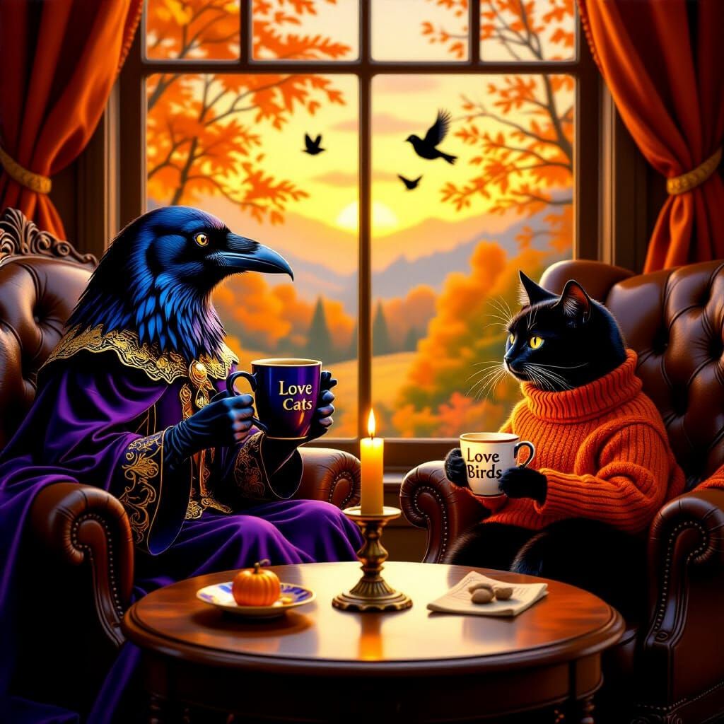 Raven and Cat Enjoy Autumn Evening by Fireplace