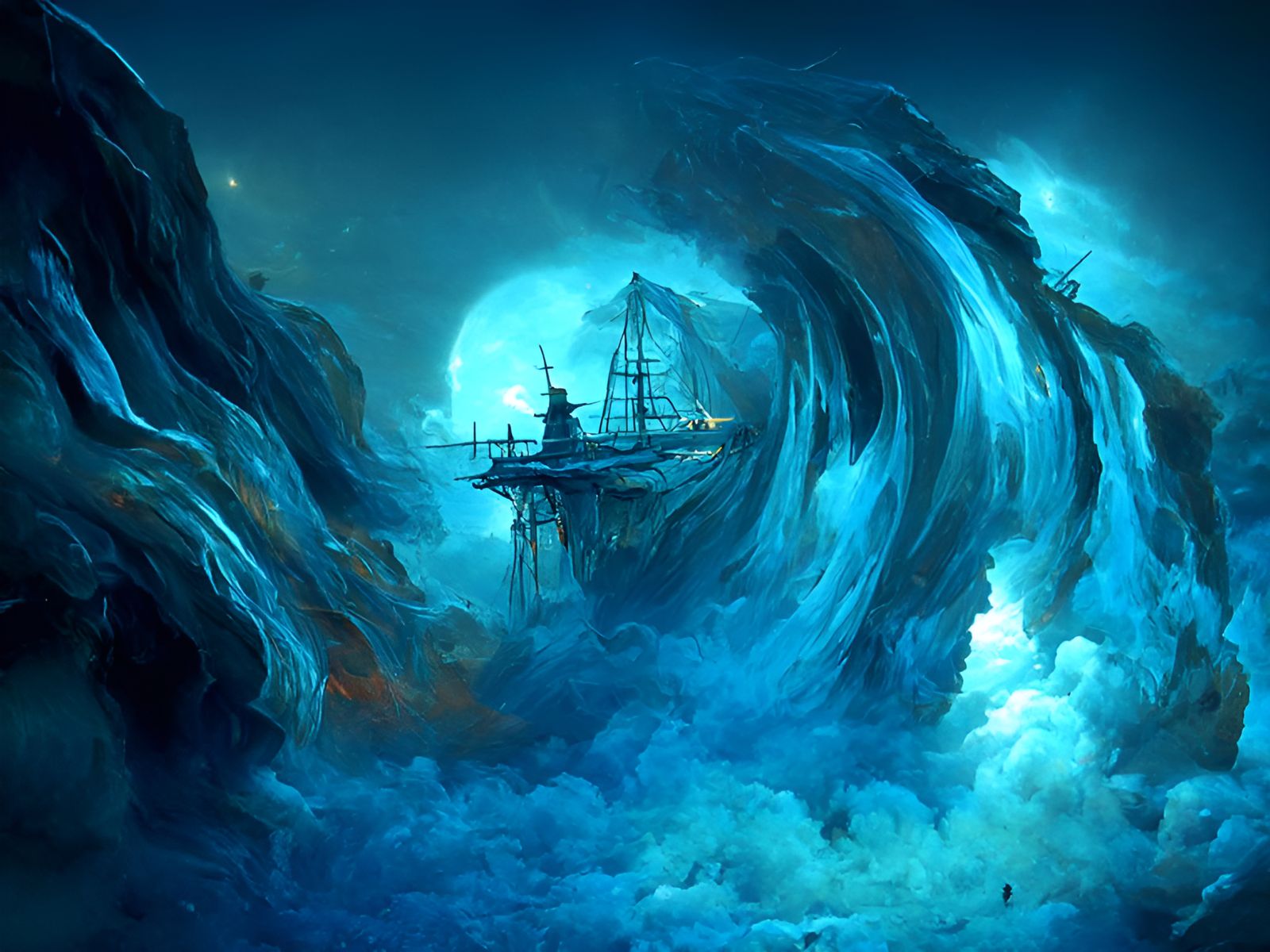 Ghost Ship Sailing Through Luminous Clouds