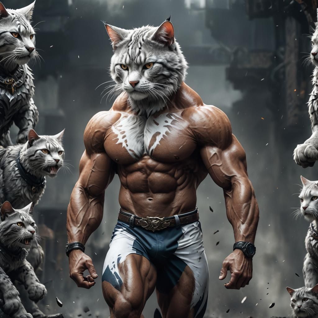 Anthropomorphic Cat Bodybuilder in Detailed Matte Painting