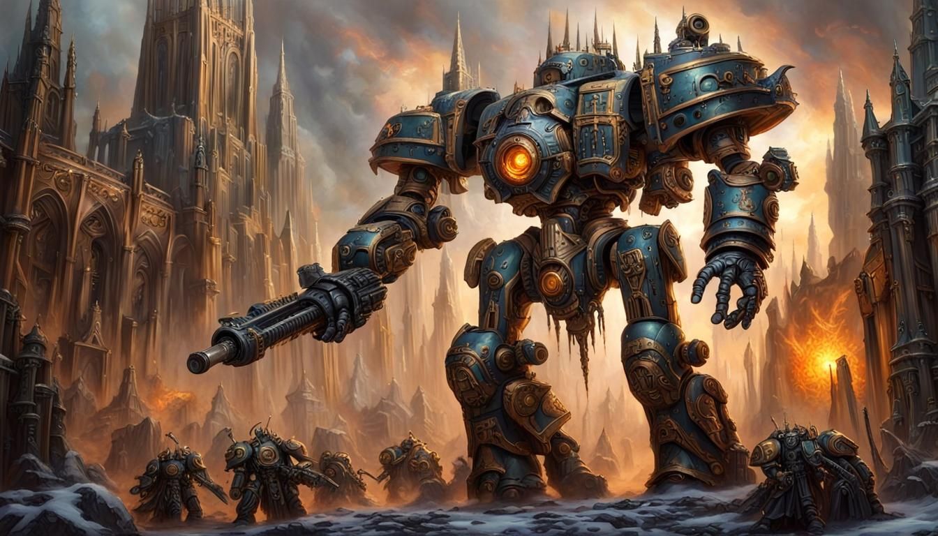 Gothic Cathedral Robot in Fiery Landscape