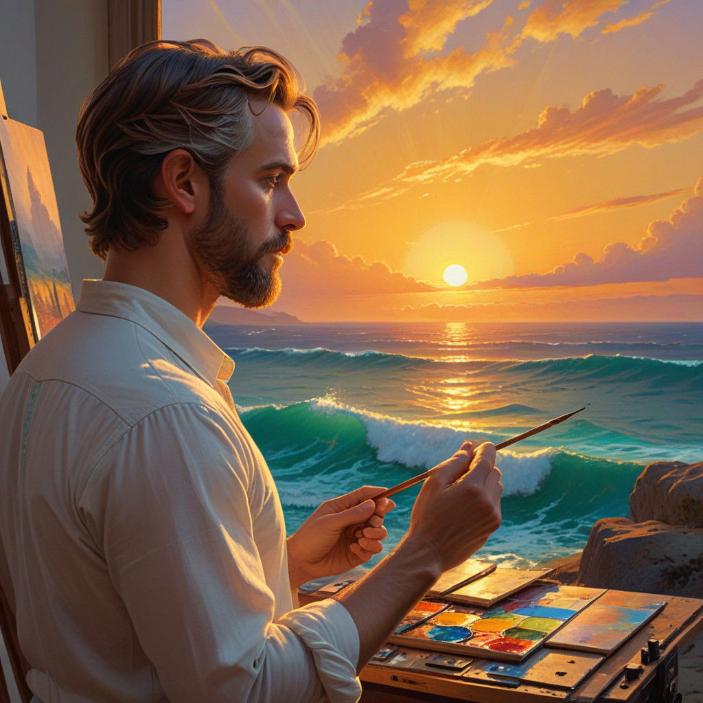 Artist at Easel Captures Sunset Scene with Old Master's Flai...