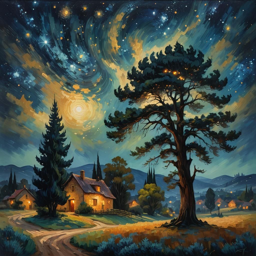 Impressionist Village Under Starry Night Sky