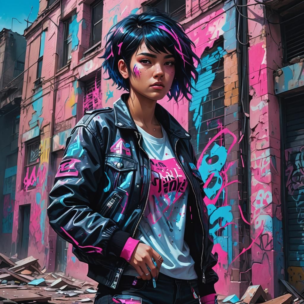 Cyberpunk Graffiti Artist Tags Dystopian Building