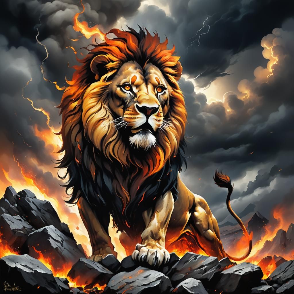 Majestic Lion in Fiery Fantasy Battle Scene