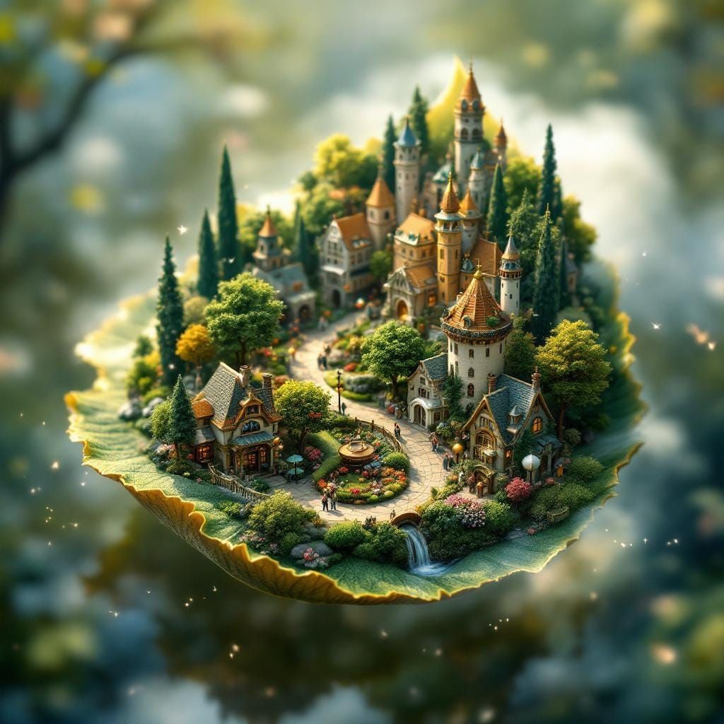 Miniature City Thrives on Delicate Leaf in Dreamy Style