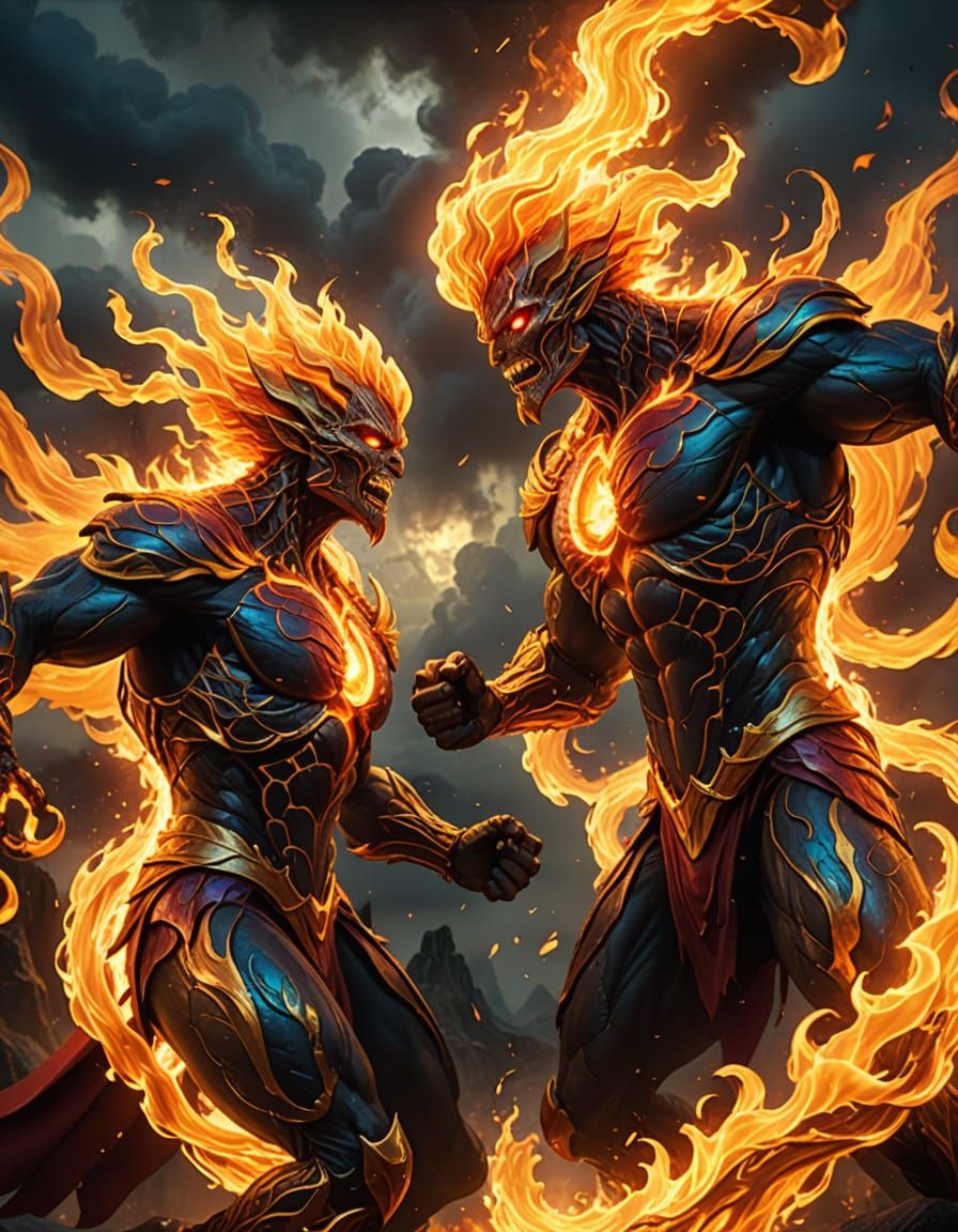 Flame and Air Elementals Clash in Vibrant Digital Art