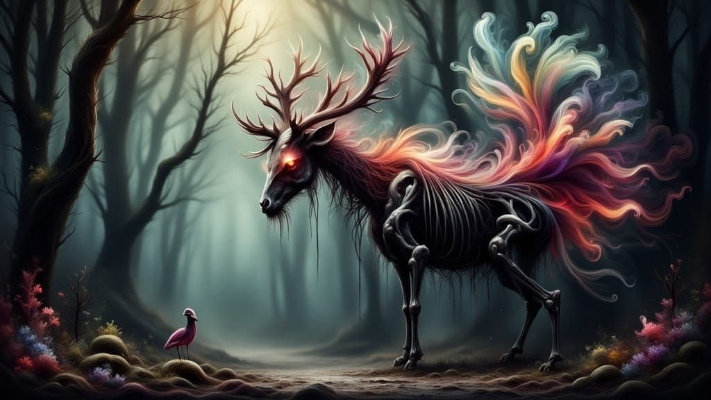 Mystical Deer Skeleton Guarding Enchanted Forest