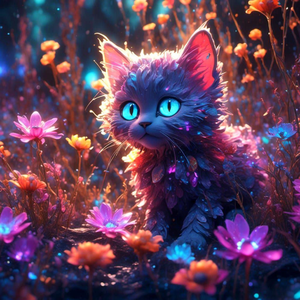 Bioluminescent Kitten in a Fantastical Matte Painting