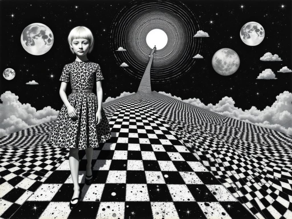 Alice, Neo, and Escher-Inspired Staircase with Aurora