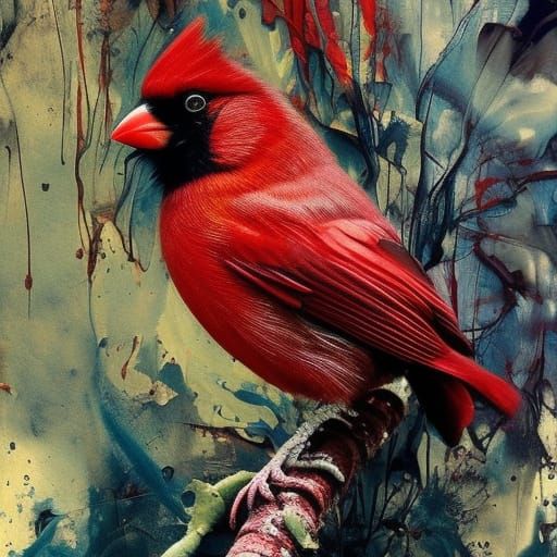Inkblot Cardinal in a Fluid Gouache Painting