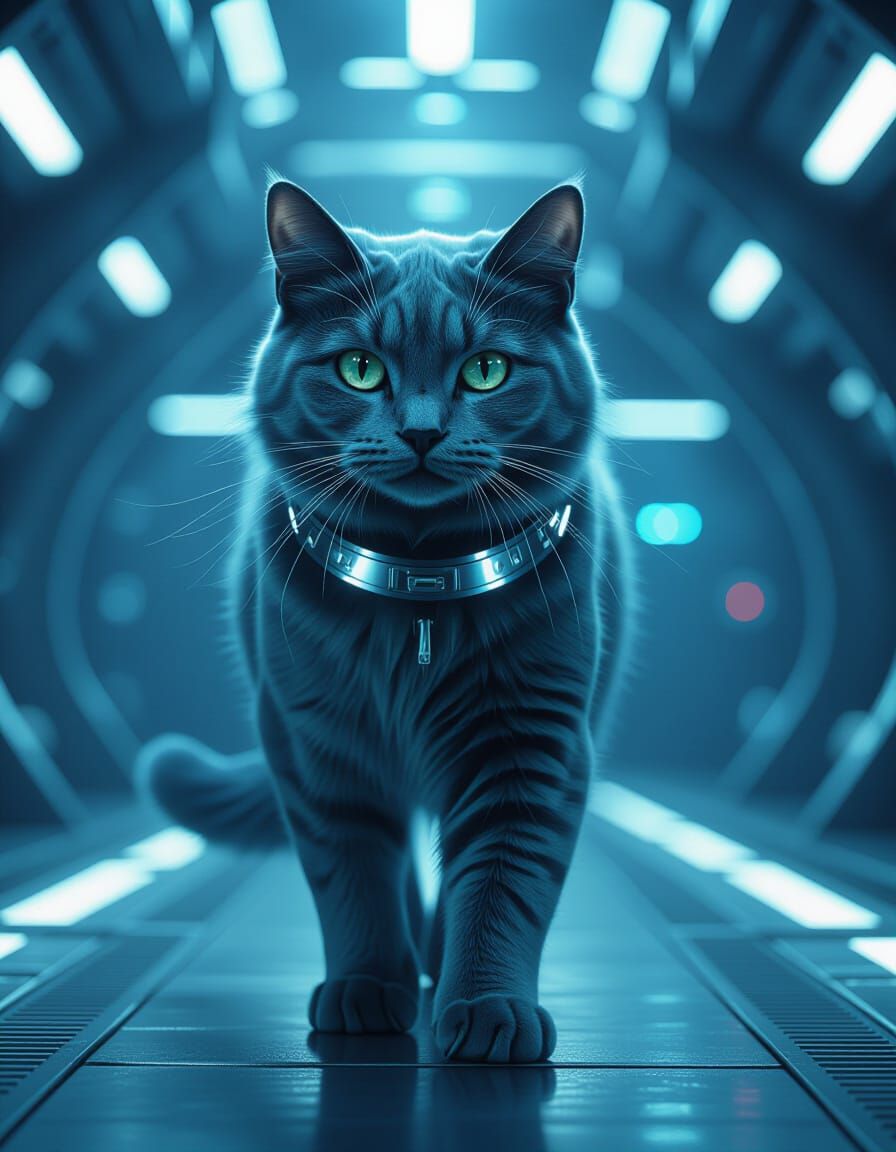 Giant Blue Cat on Futuristic Spaceport