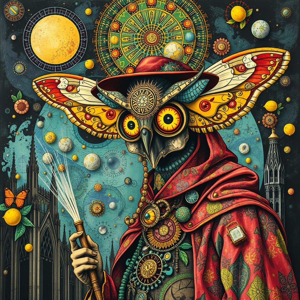 Steampunk Sorcerer in a Psychedelic Cathedral with a Zentang...