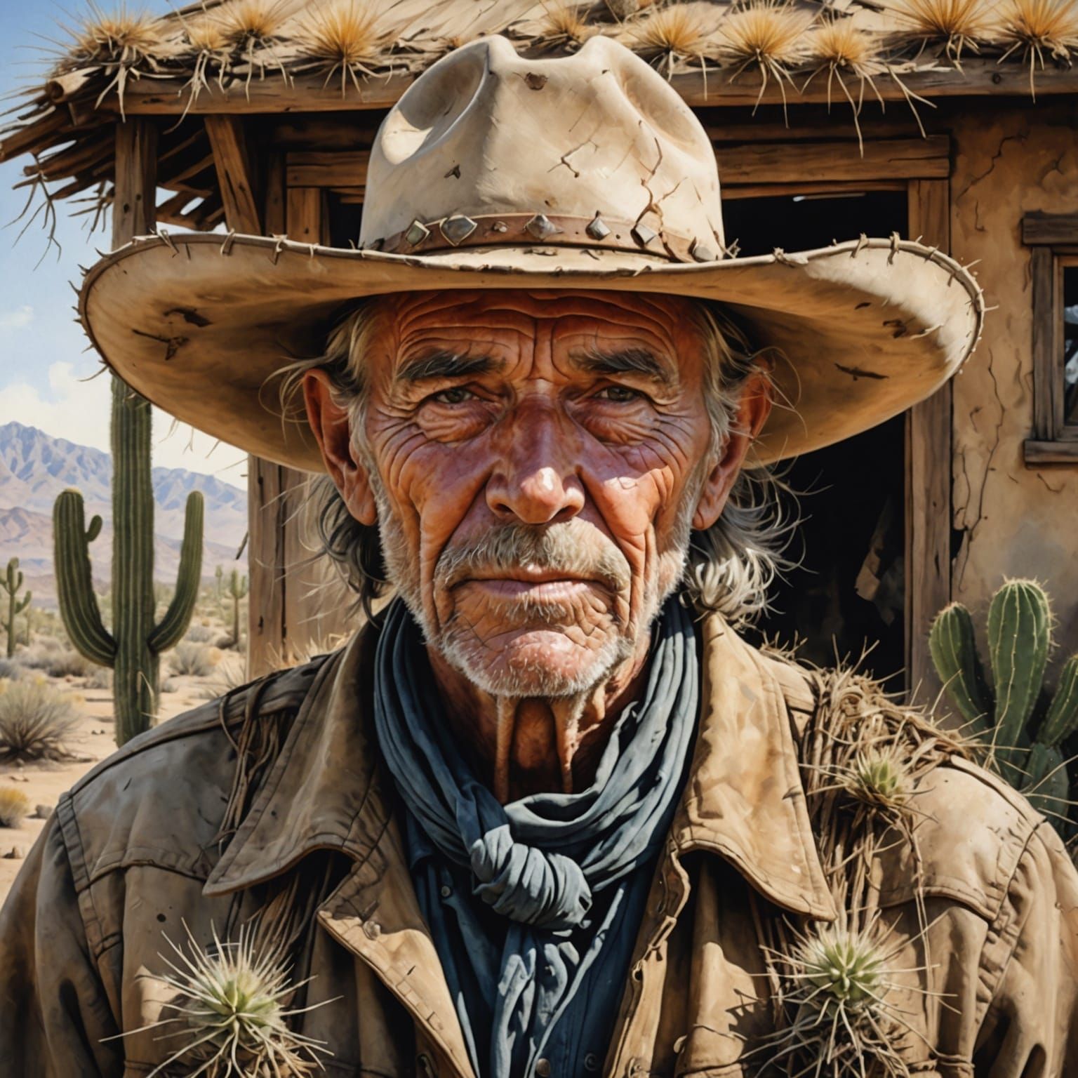 Desert Cowboy Double Exposure in Watercolor Style