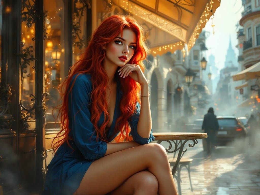Ethereal Cafe Encounter: Red Haired Beauty in Warm Golden Li...