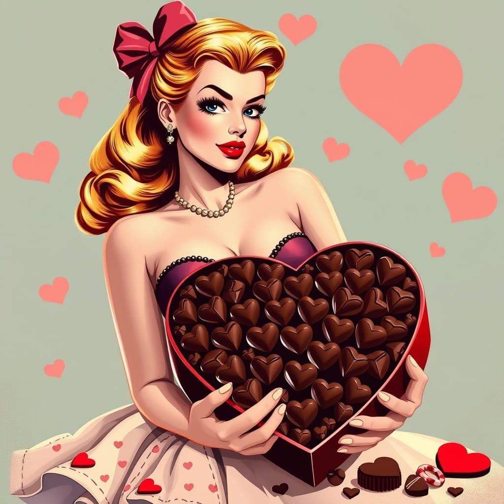 Style retrofuturism illustration of a 1950's dirty blond haired pinup girl, 50's hair style, sultry dynamic pose holding...