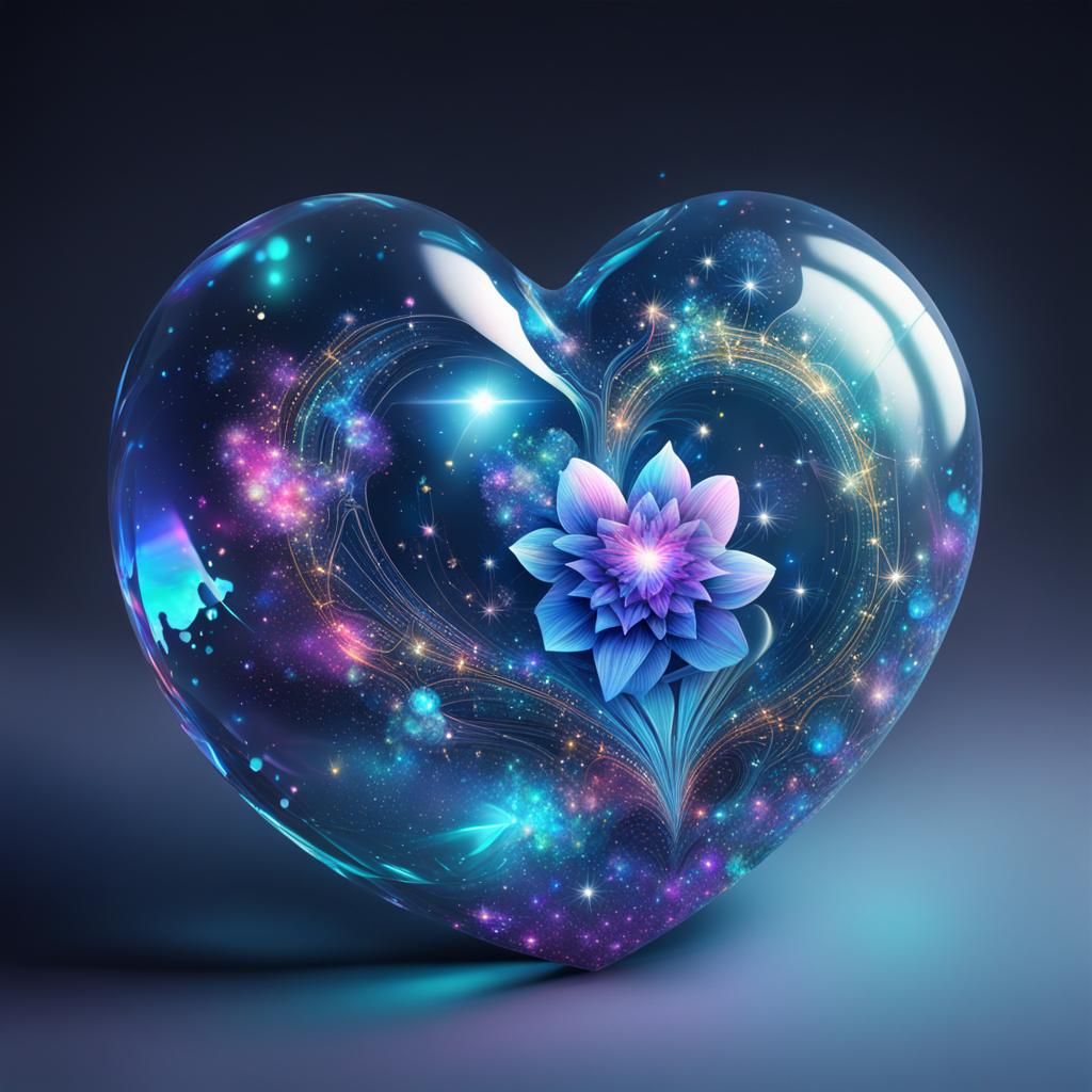Holographic Crystal Heart: Cosmic Mixed Media Illustration