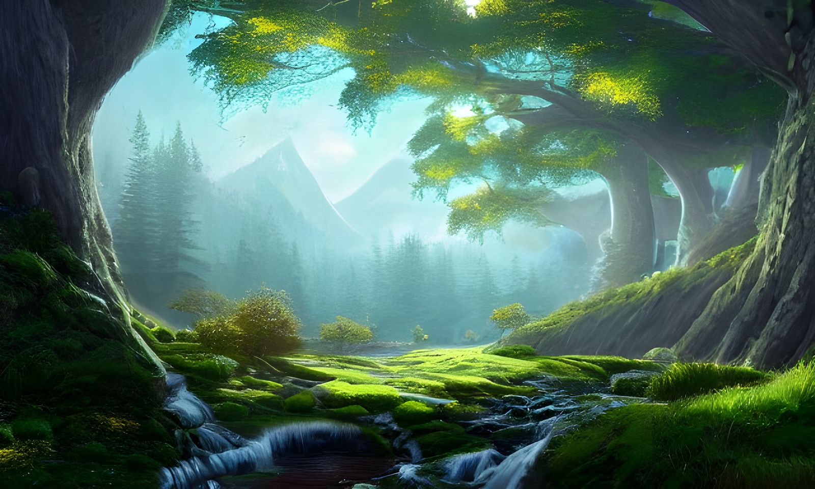 Lush Forest Landscape in Iridescent Pastels