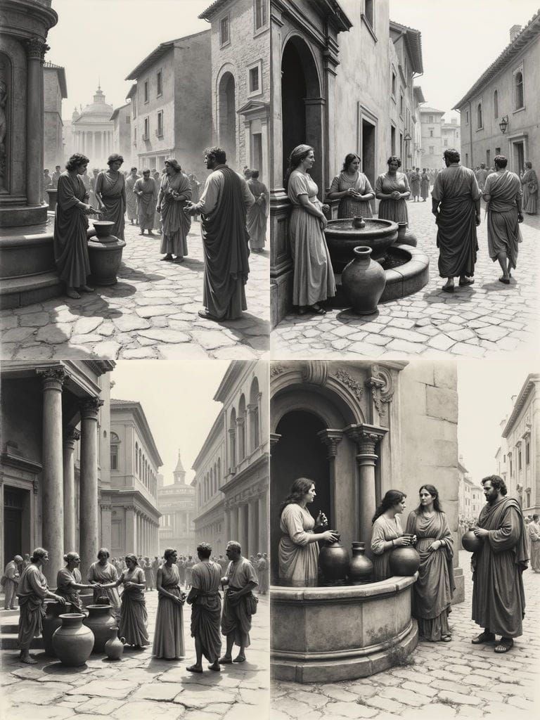 Ancient Rome Street Scene: Charcoal Sketch of Daily Life