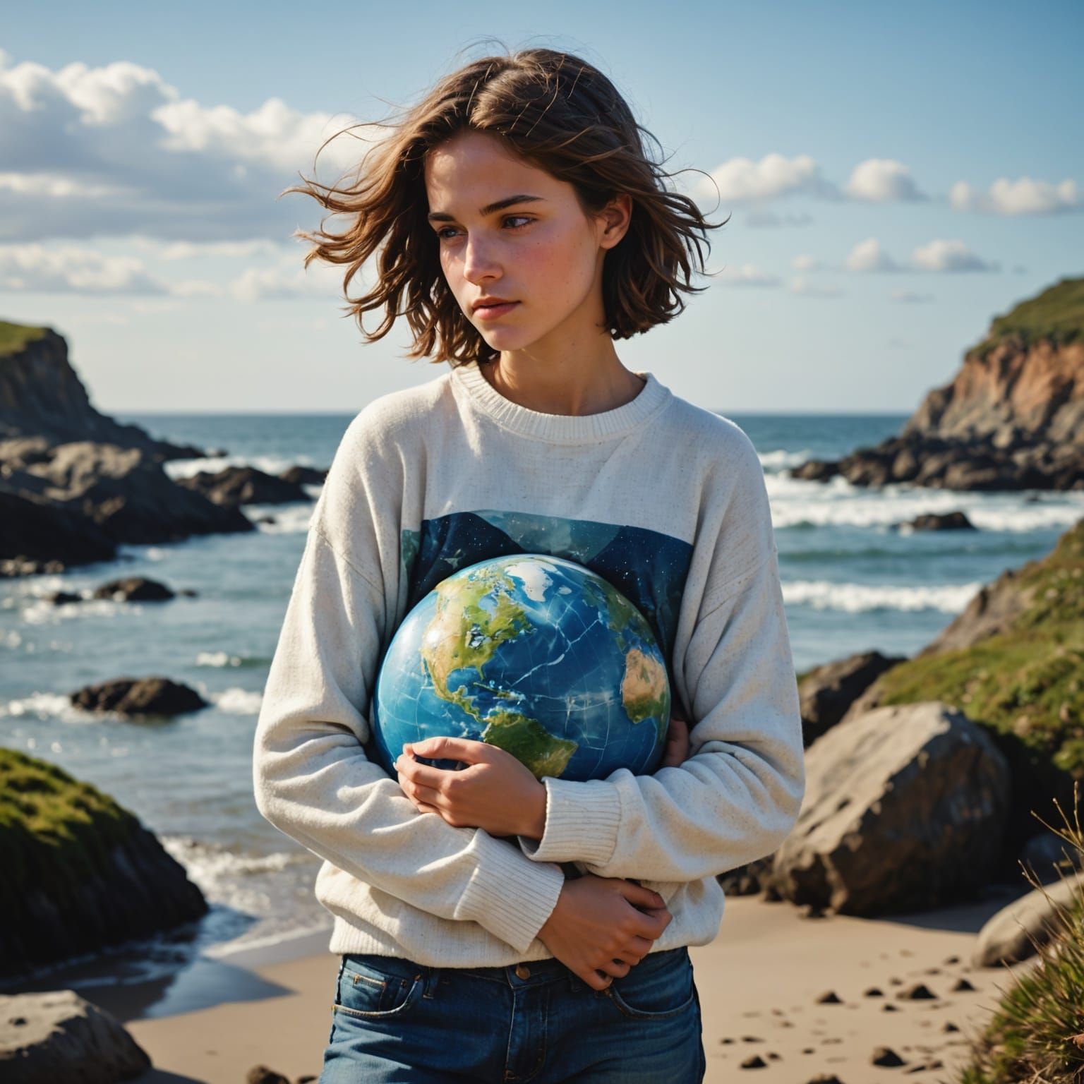 Youth Cradling Earth with Ocean, Natural Lighting