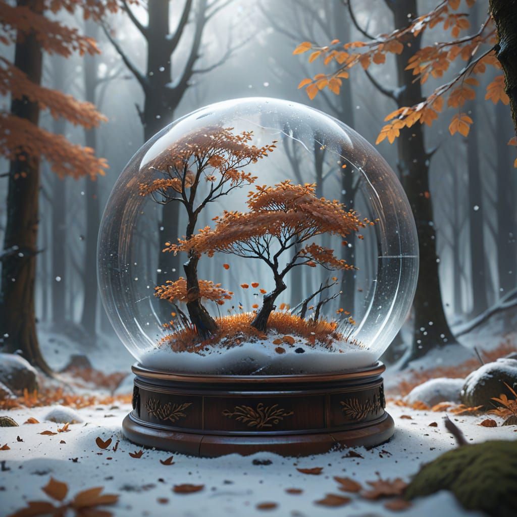 Forest Scene Inside Snow Globe with Falling Leaves