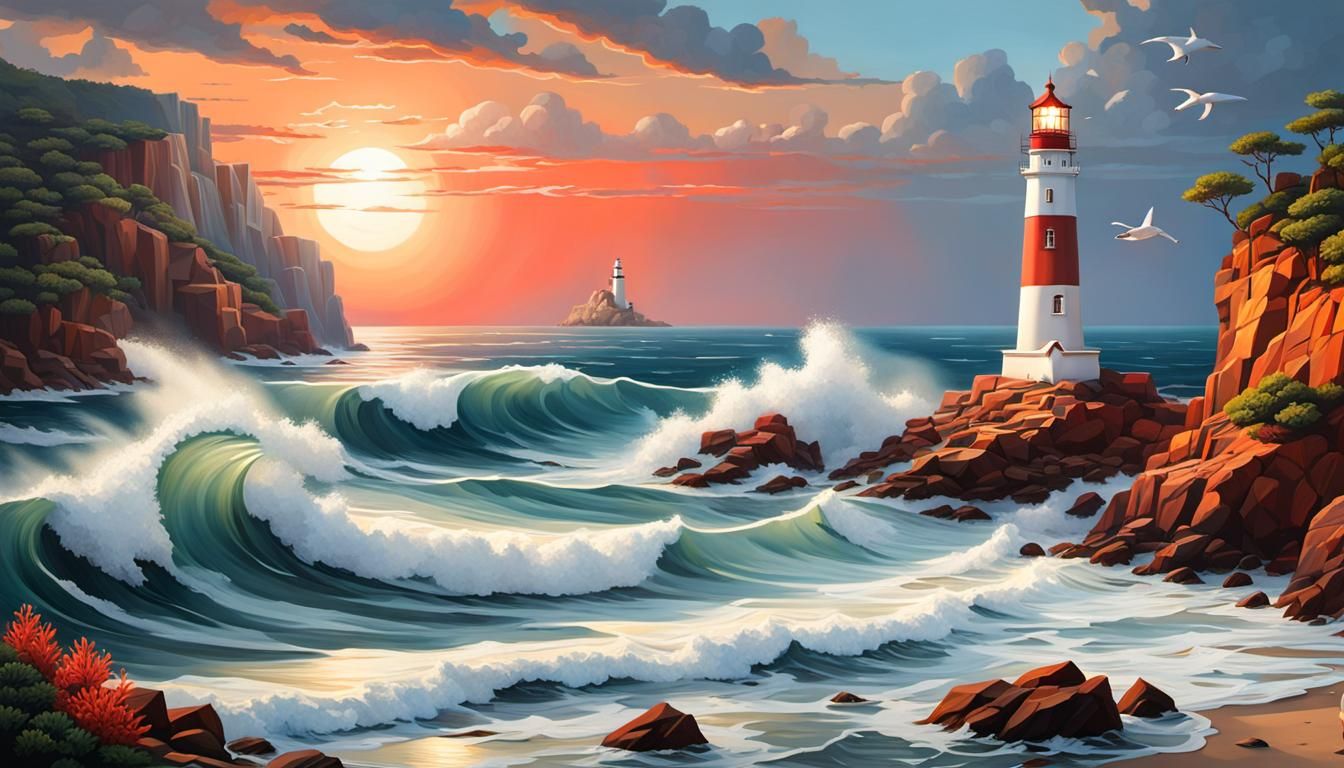 Seascape with Lighthouse, Waves, and Girl in Cubist Style