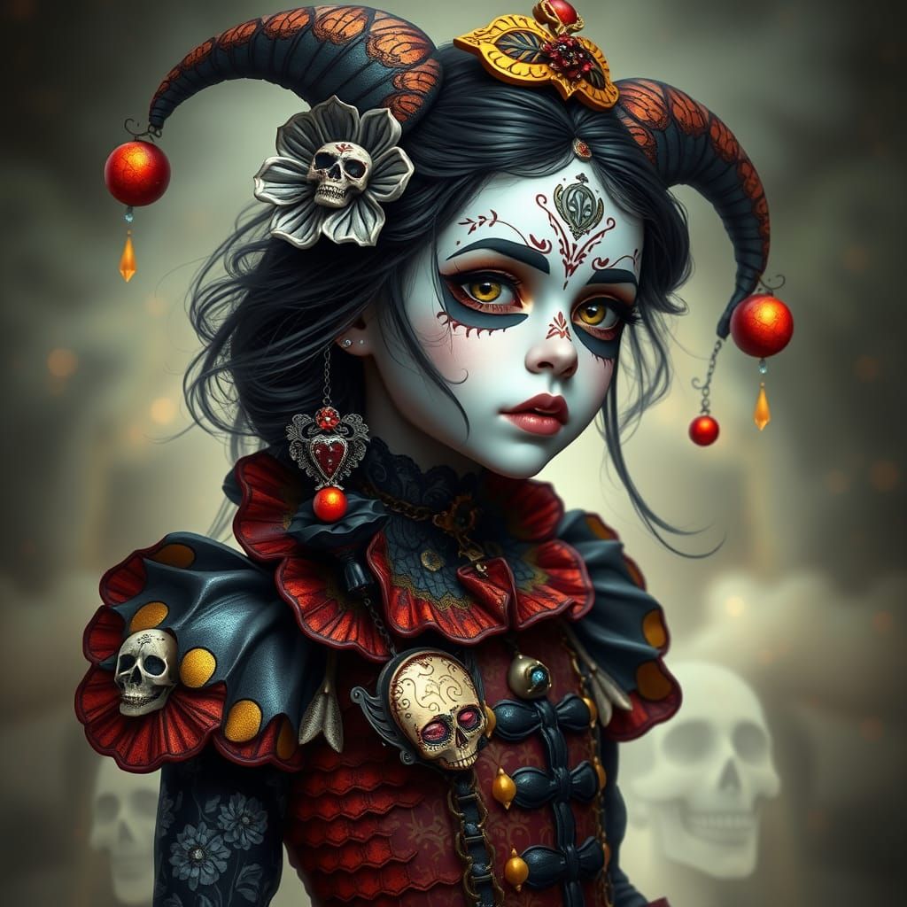 Whimsical Gothic Harlequin Girl in Art Nouveau Punk Style