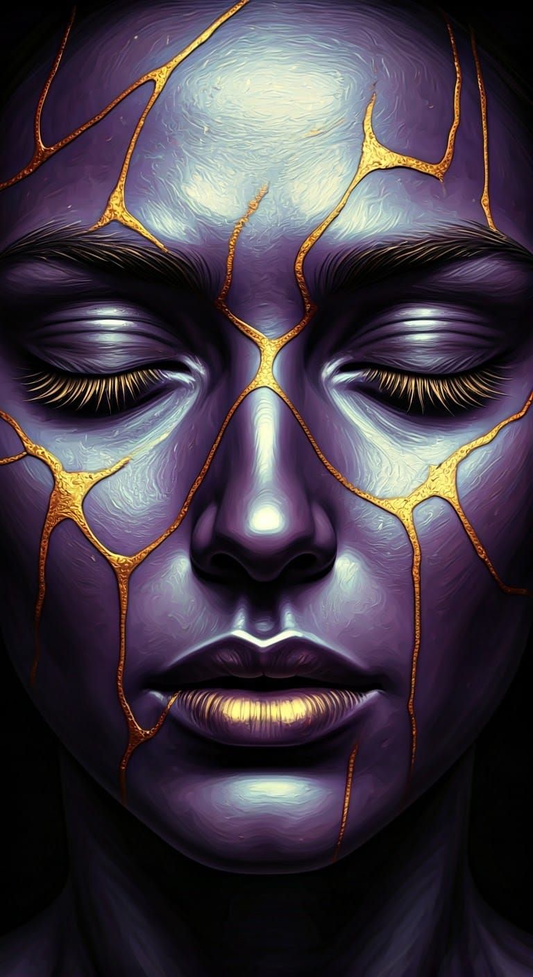 Surreal Woman's Face in Golden Patterns Against Purple Backd...