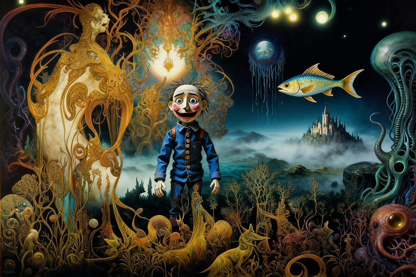 Goofy Puppet in Surreal Dali-Giger Landscape with Flying Fis...