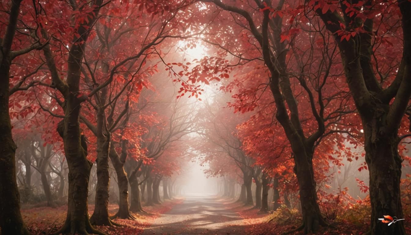 Crimson Autumn Leaves in a Misty, Cinematic Atmosphere