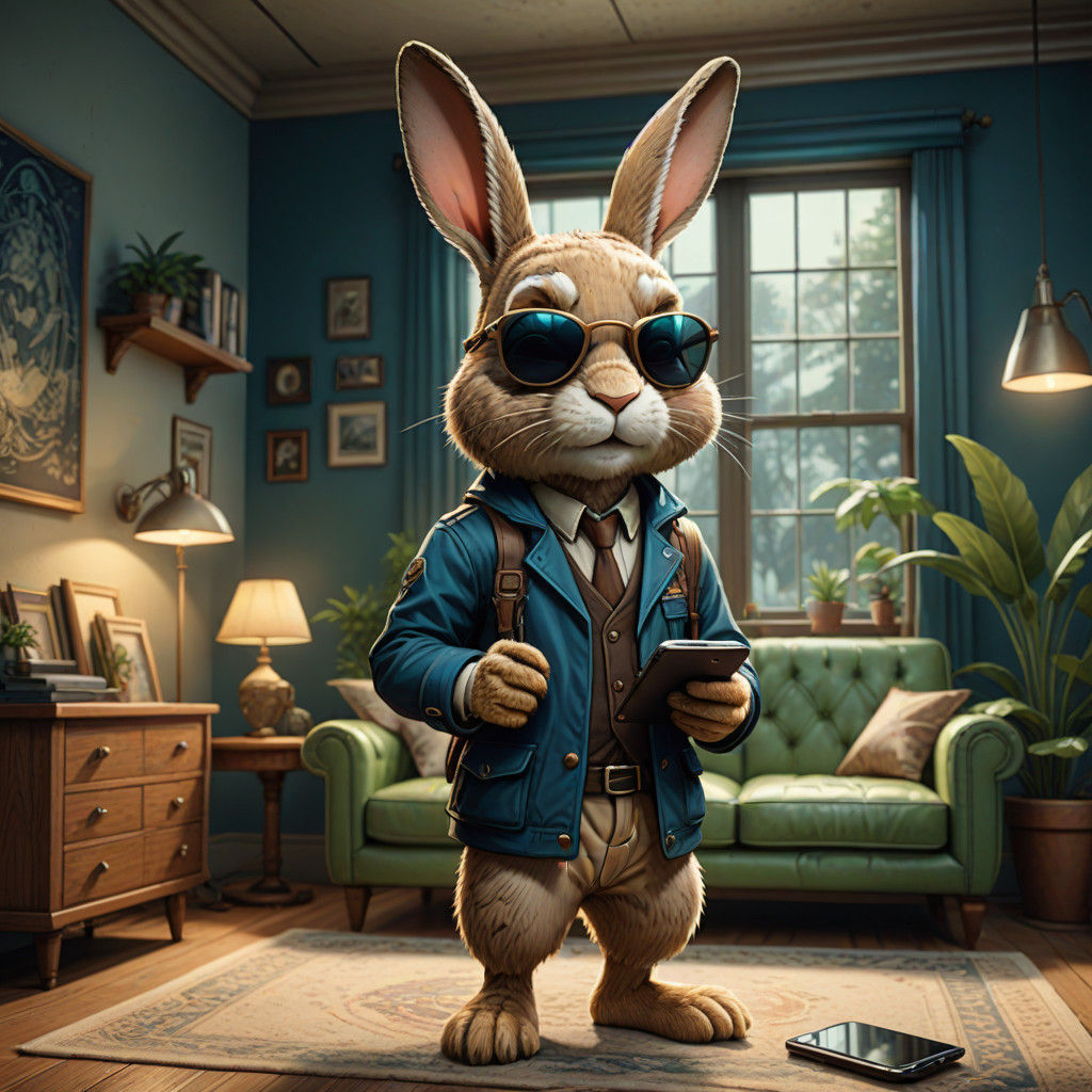 Expressive Rabbit Character in Cozy Living Room