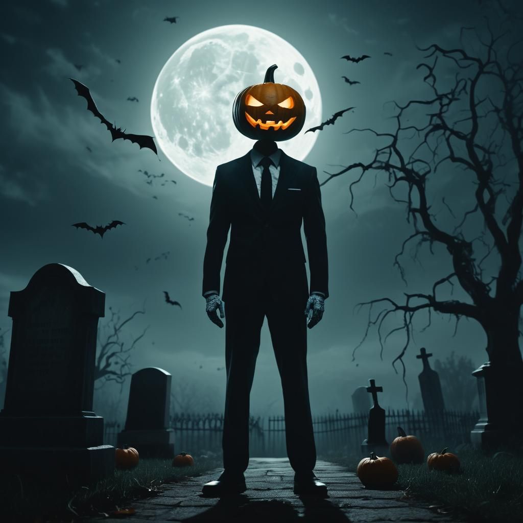 Creepy Pumpkin Head in Cemetery, Expressionist Horror