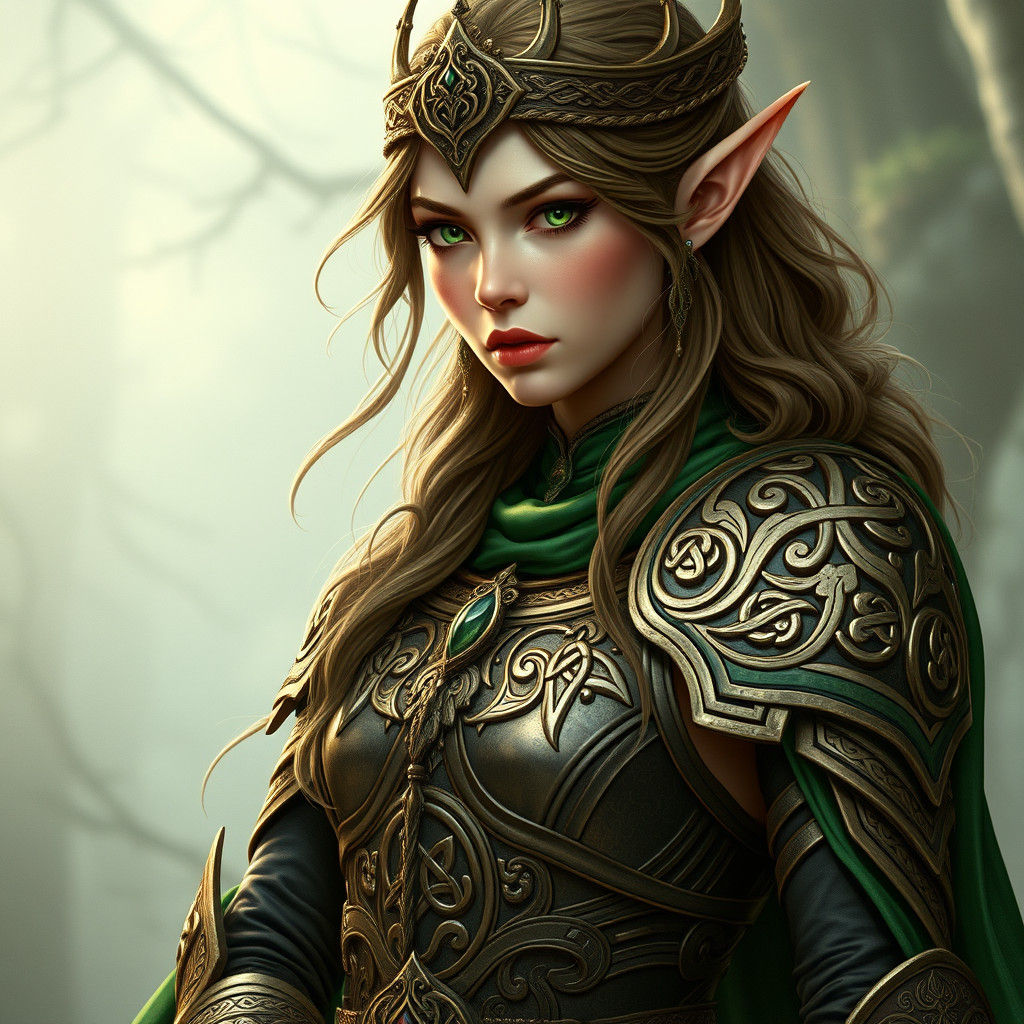 Elven Queen in Celtic Armor, Art Nouveau Style