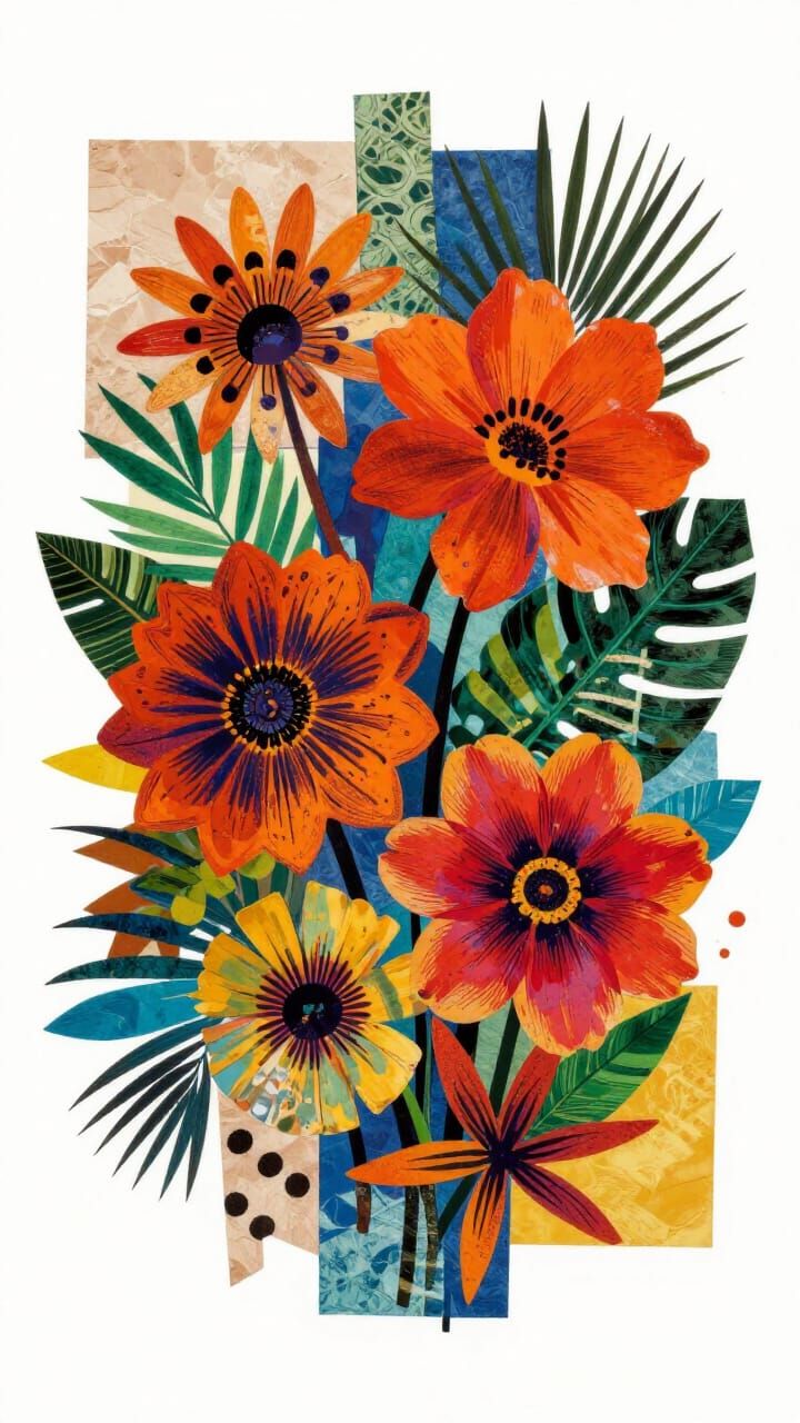 Vibrant African Flower Collage with Bold Brushstrokes