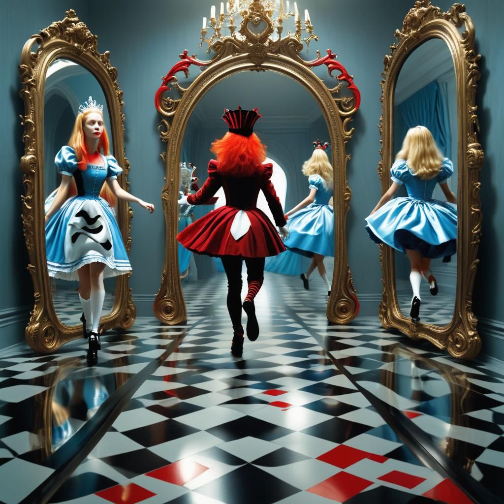 Optical Illusion of Alice in Wonderland Running After and Be...