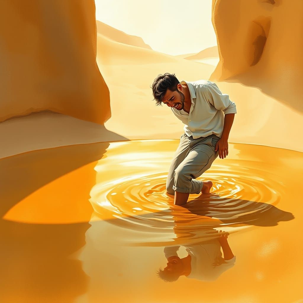 Man Stuck in Golden Caramel Pool, Whimsical Desert Landscape