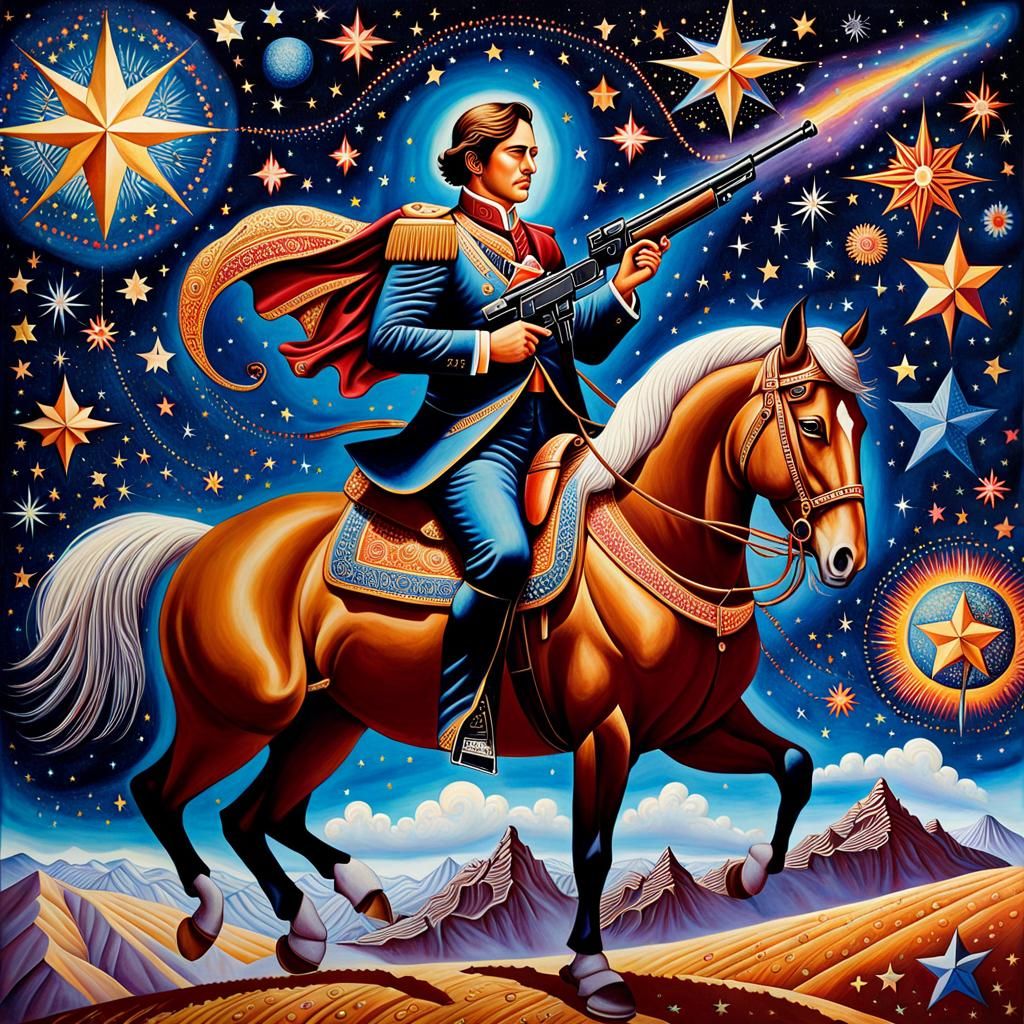 Surreal Man on Horseback with Gun Painting