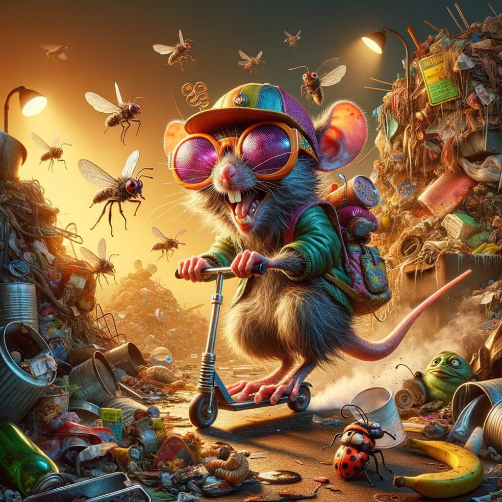 Grotesque Rat Speeds Through Chaotic Junkyard in Cartoon Sty...