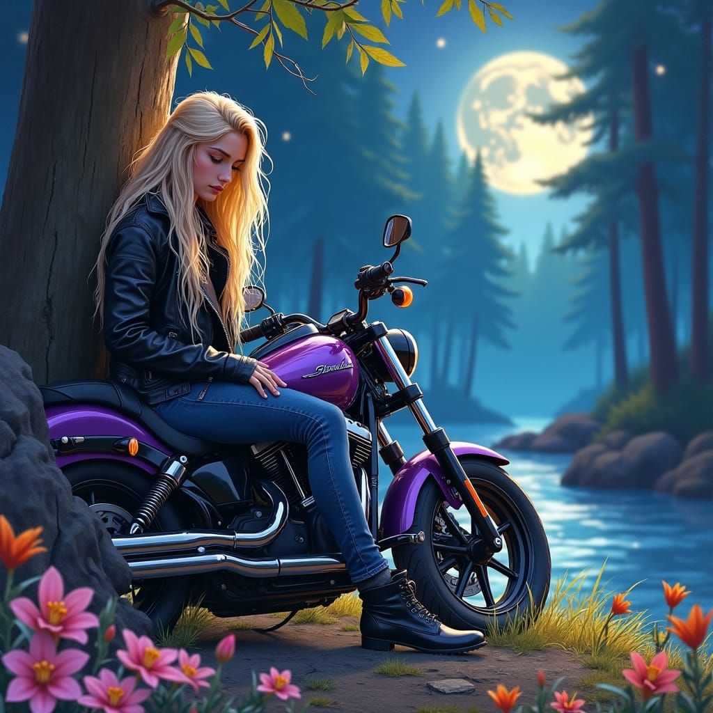 Woman Sleeping by Motorcycle: Hyperrealistic Oil Illustratio...