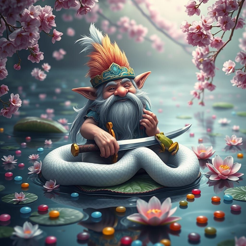 Mystical Troll Surrounded by Cherry Blossoms and Vibrant Cre...