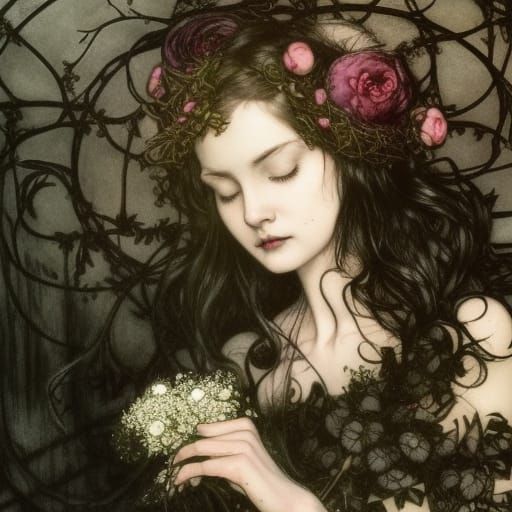 Gothic Sad girl looking downward, eyes closed, wavy hair, baby’s breath and ivy wreath in hair, sparkles in hair, Arthur...