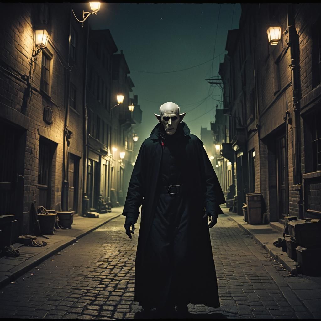 Nosferatu in Dark Alley: Cinematic Film Still