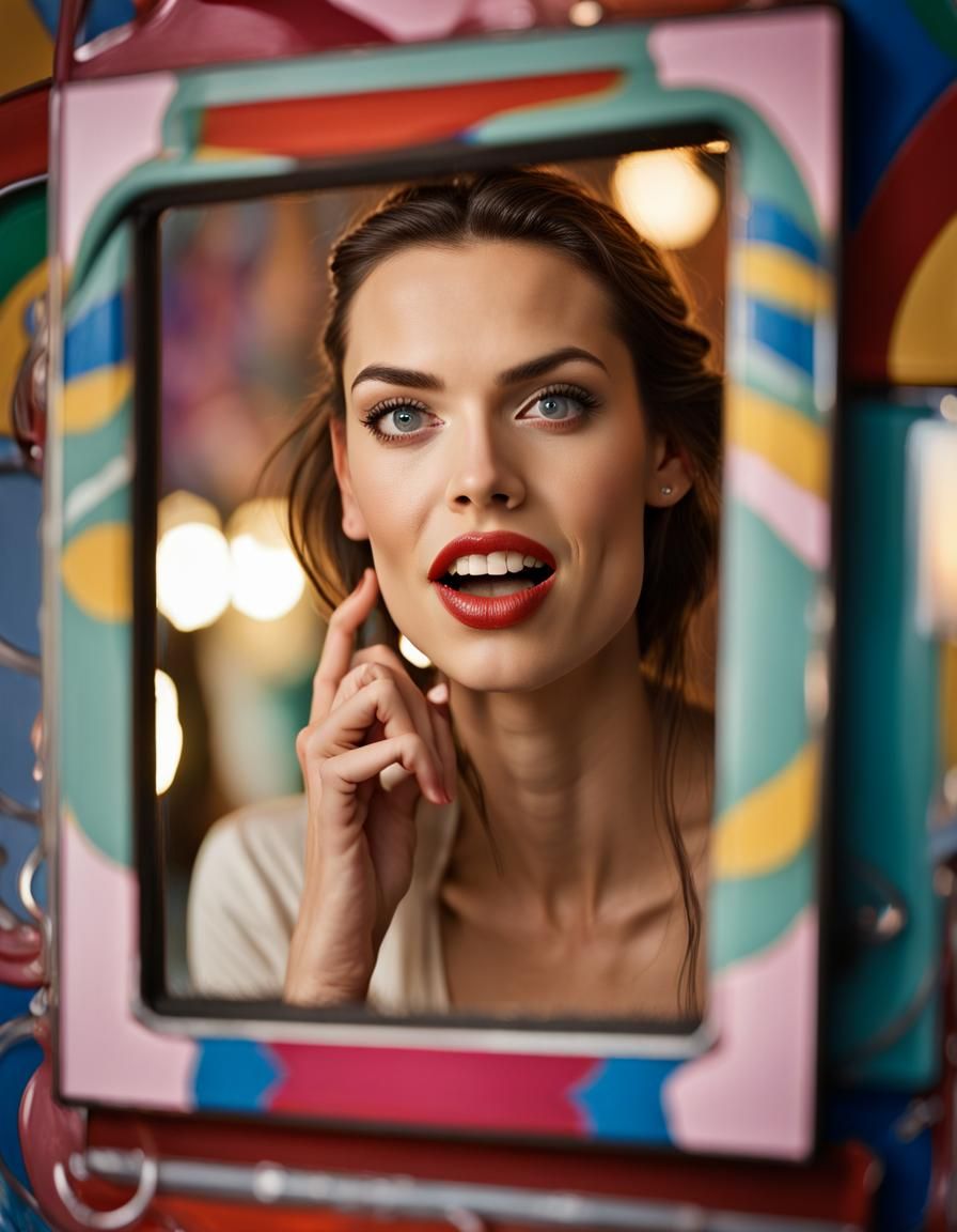 Model's Playful Reflection in Fun House Mirror